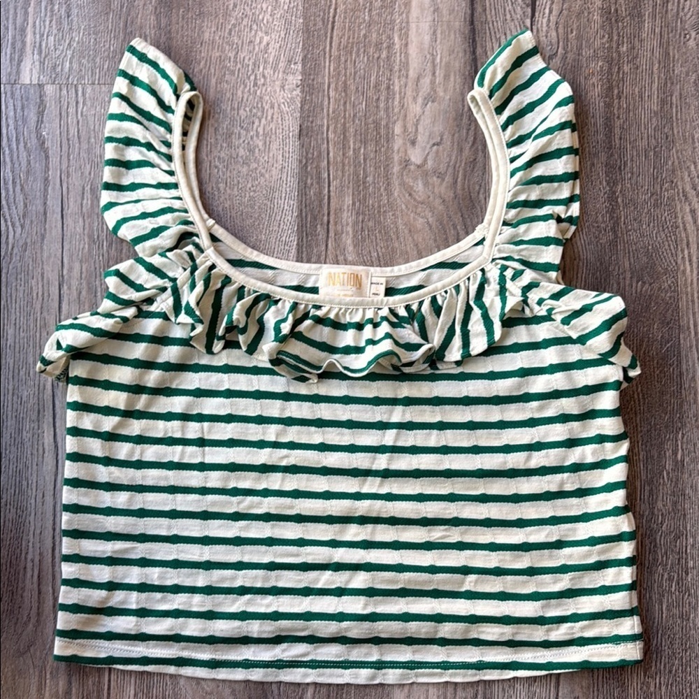 Nation Top Rosa Green Stripe Ruffle Cotton Top Sleeveless Cropped Fit Size Large